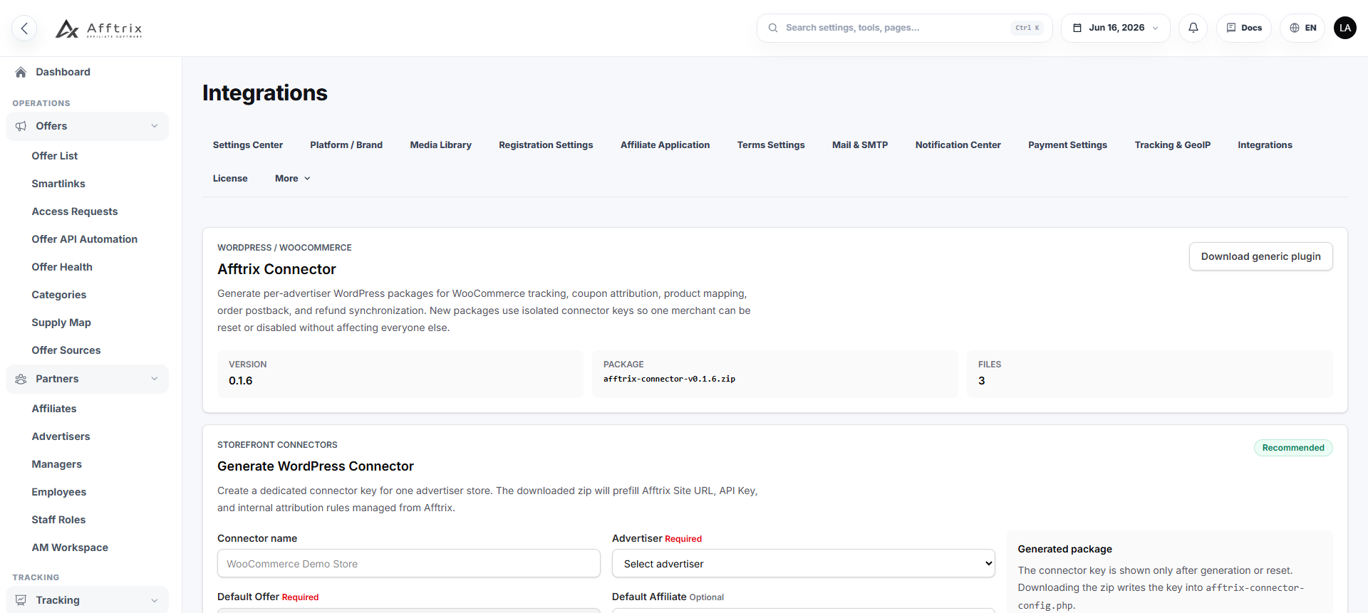 Afftrix integrations screen with WooCommerce-Connector setup