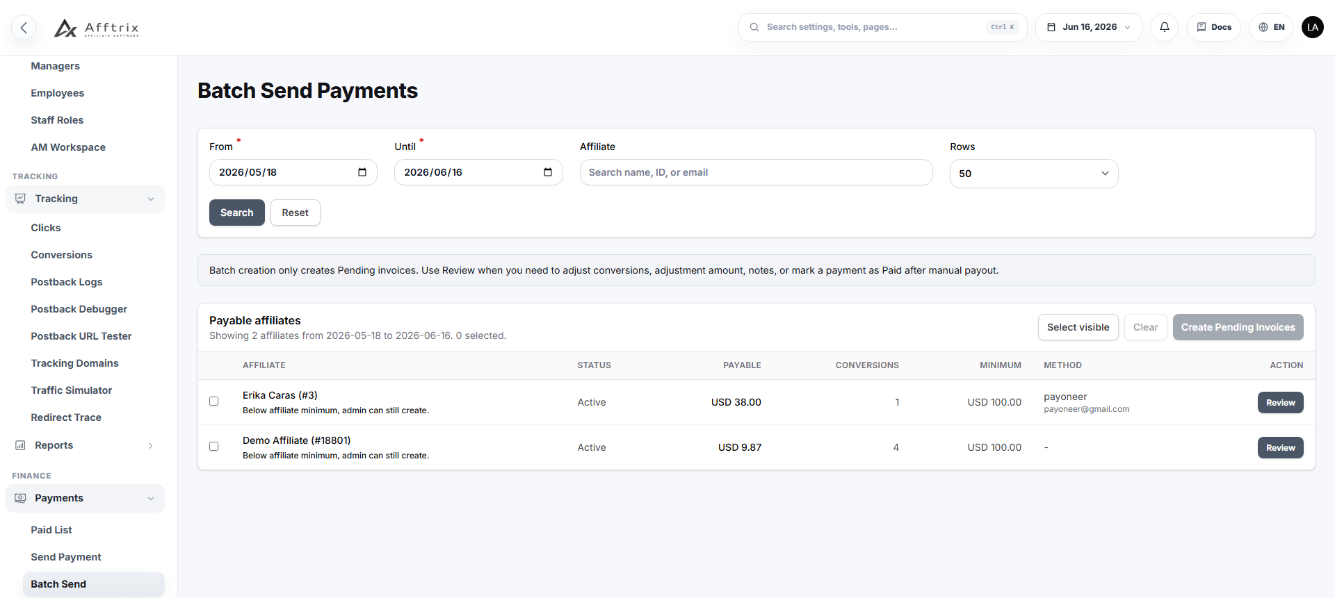 Afftrix payments screen with payout records and payment workflow data