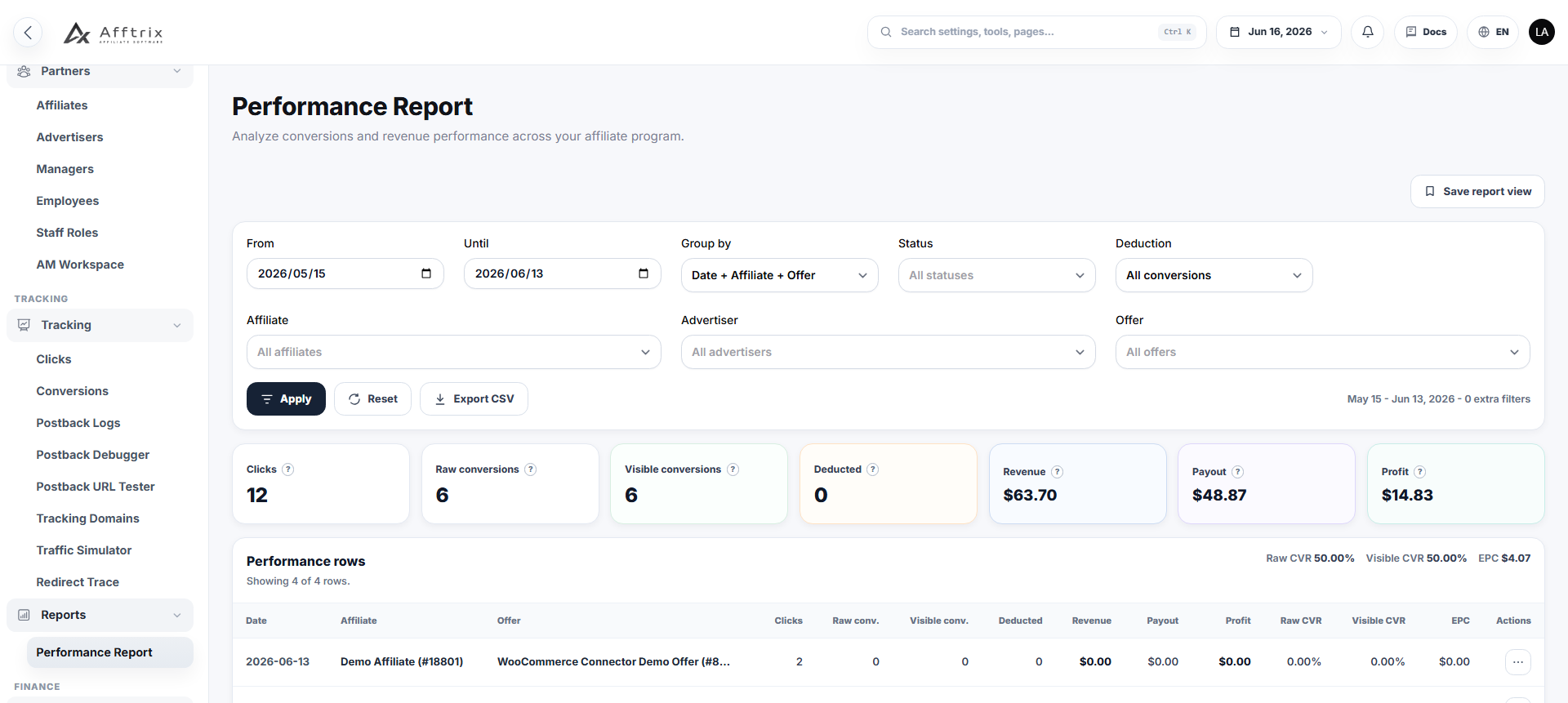 Afftrix reporting and payout views for affiliate network operators